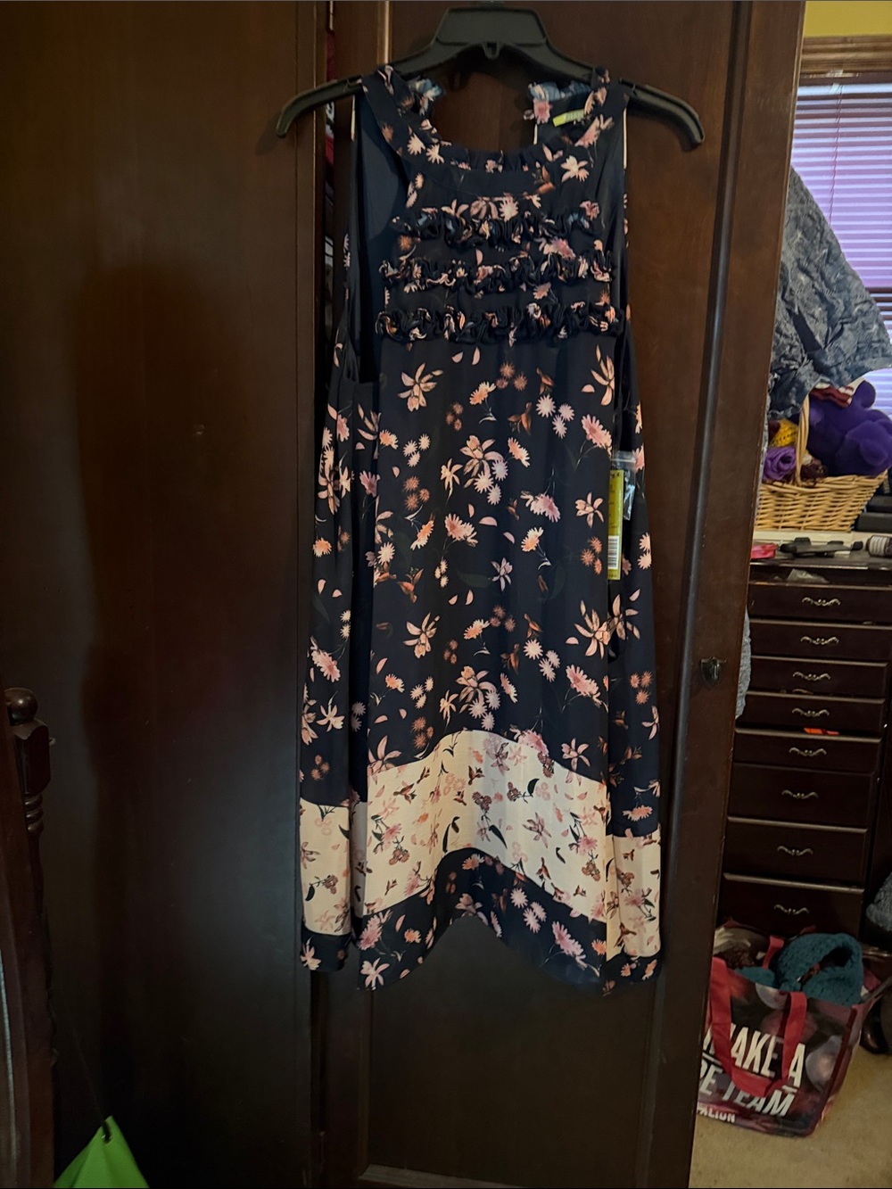 Gianni Bini Navy Maxi Skirt with Pink Floral and Cream Hem